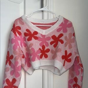 Floral V-Neck Sweater - Pink and Red